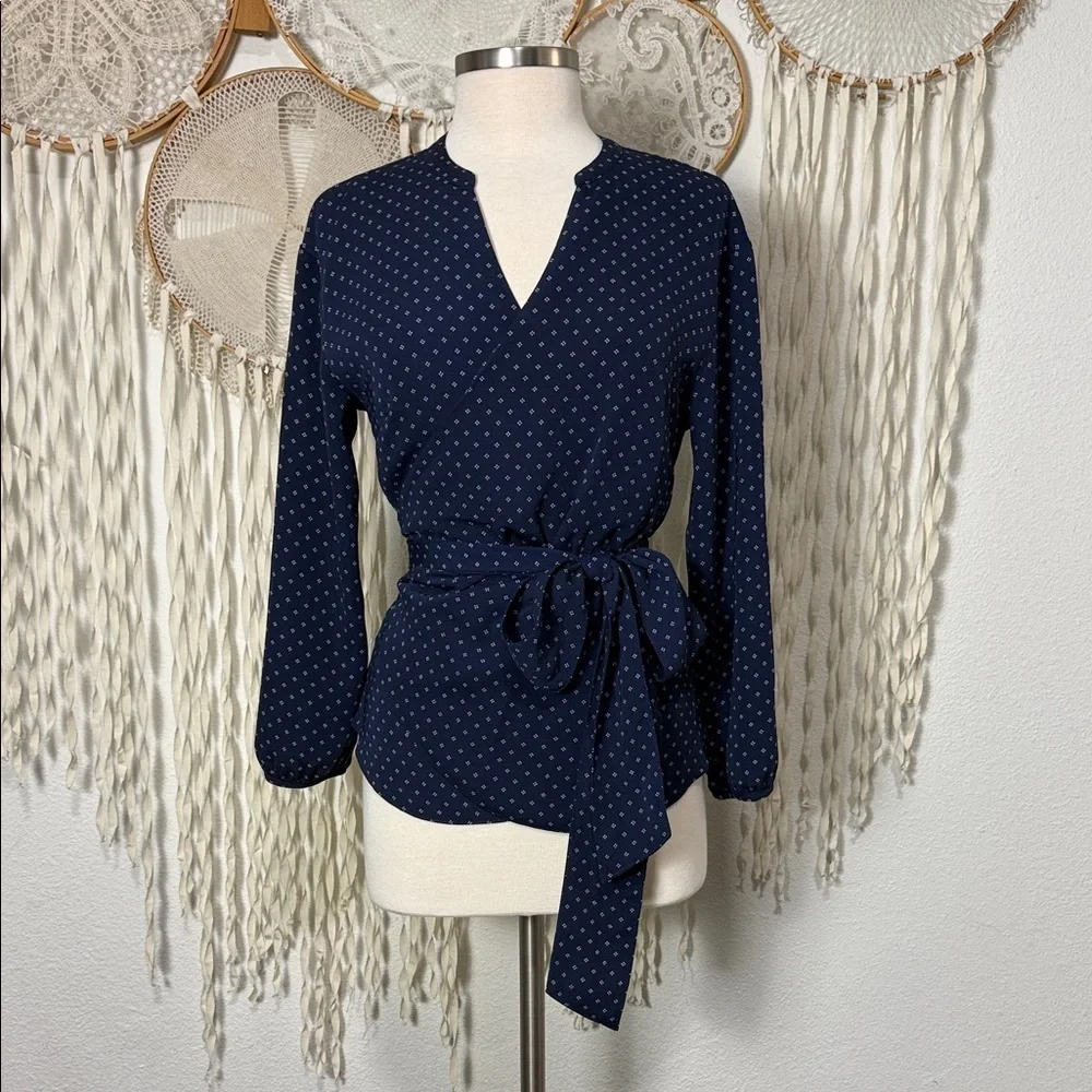 J. Crew Navy Printed Quarter Sleeve Wrap Blouse Size Small